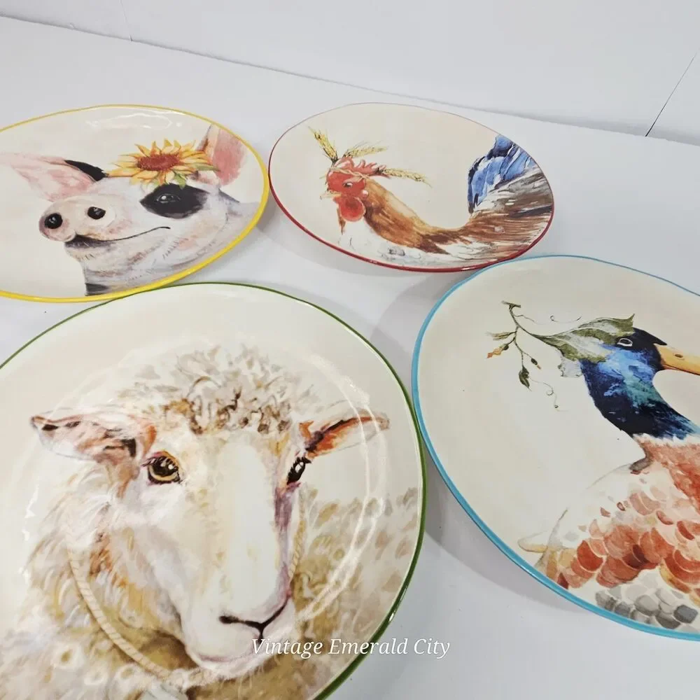 Vtg Pier 1 Imports Farm Animal Salad/Dessert Plates Hand Painted Set of 4 in Box